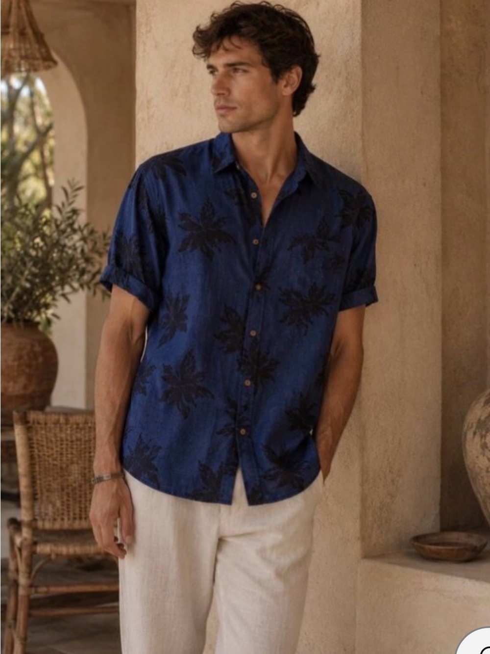 Ben Sherman Tropical Floral Short Sleeve Button Front Linen Blend Shirt